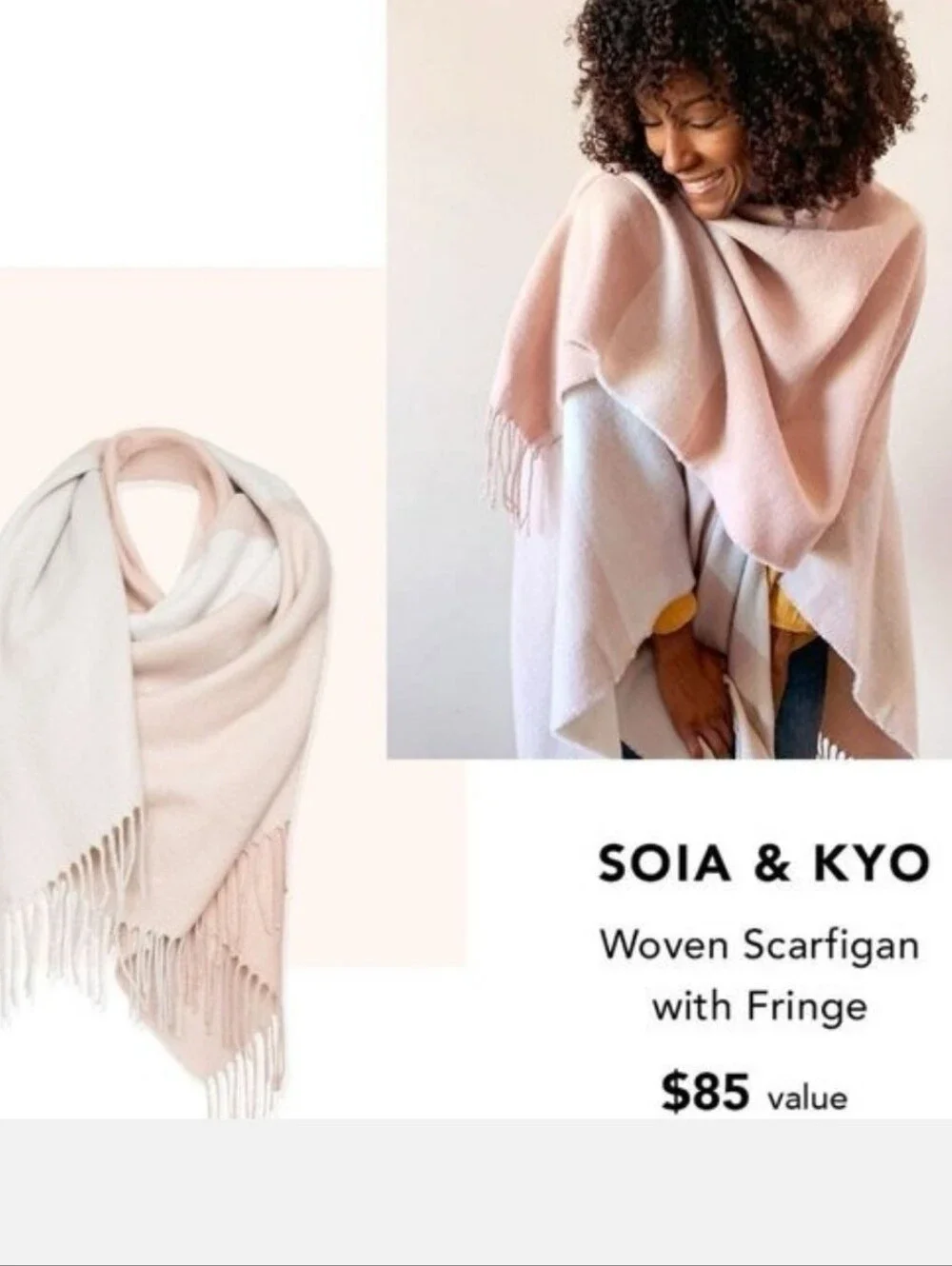 Soia & Kyo Blush Cream Ivory Soft Woven Knit Wrap Fringe NWT One Size Fits Most